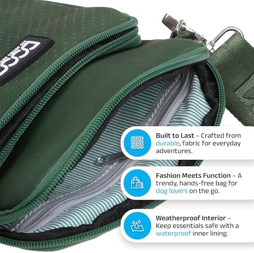 DOOG Neosport Walkie Bag - Lightweight Neoprene Dog Treat Pouch & Crossbody Shoulder Bag with Built-in Poop Bag Dispenser - Hands-Free Everyday Essentials - Green