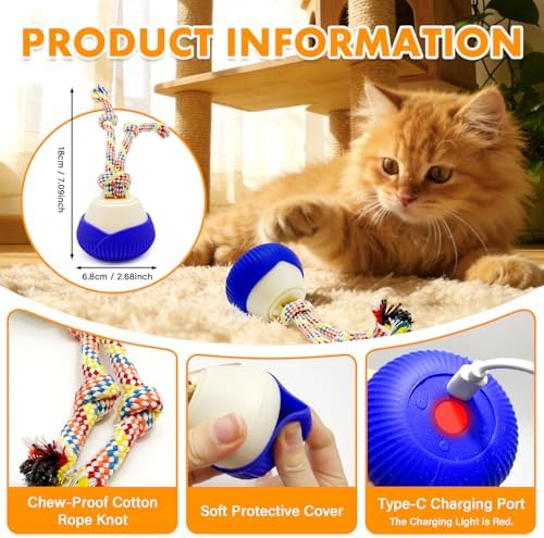 Interactive Cat Toy, 360° Rotating Automatic Moving cat Toys, Voice Recordable Auto Rolling Pet Toy with LED Sound & Music, Rechargeable Interactive Cat Toys for Indoor Cats & Small Dogs (Blue)
