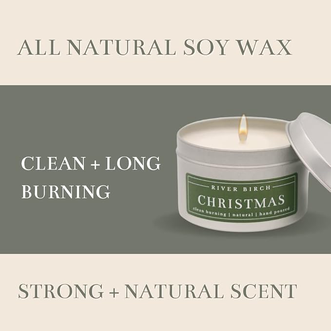 River Birch Candles Christmas Scented Candle | Premium, All-Natural, Non-Toxic, Soy Candles | 8 oz. Silver Tin Travel Candle | Cozy Relaxing Gifts for Home, White