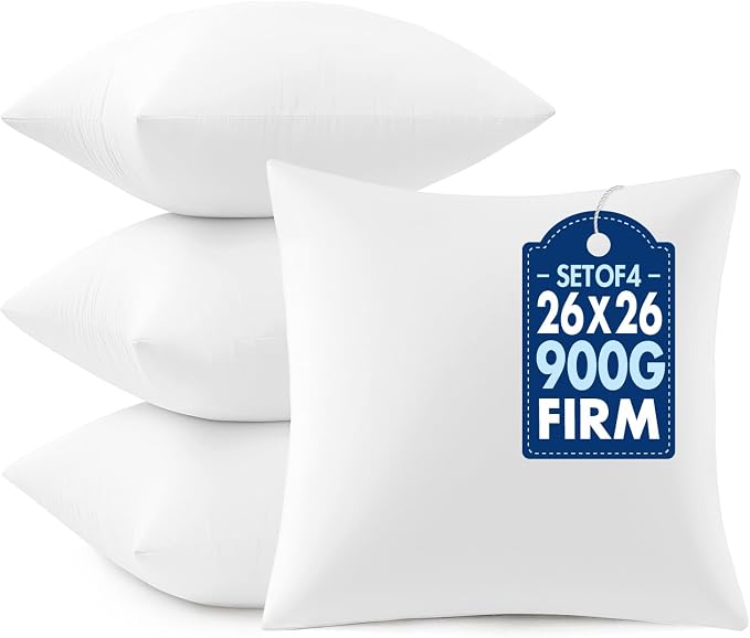 MIULEE 26x26 Euro Pillow Inserts 4 Pack, Throw Pillows for Couch Bed | 100% Virgin Filling, Decorative Pillows, Full and Fluffy, Lumbar, Back and Neck Support