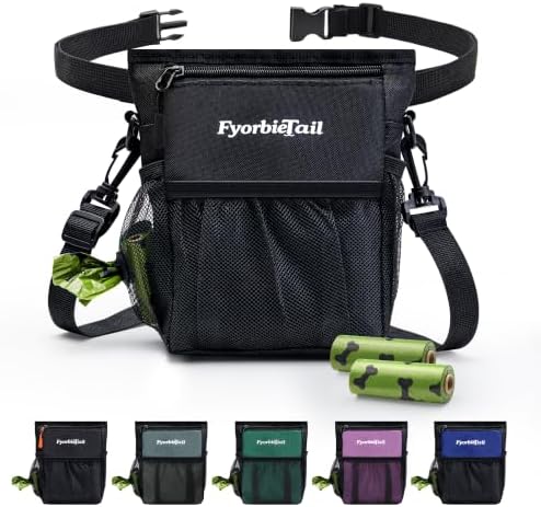 Dog Treat Pouch, 4 Cup Training Bag, Magnetic Closure, 3 Way Wear, Black | 600D waterproof Oxford fabric, multi pocket storage, zipper and mesh pockets, pull out poop bag dispenser, includes 2 rolls