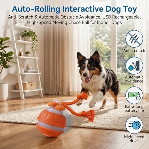 Interactive Dog Toys Automatic Rolling Ball with Rope Orange