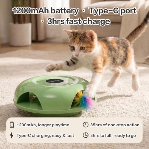 Interactive Whack-a-Mole Cat Toy — Automatic Mushroom Feather Pop-Up Play Toy for Cats, Cognitive Stimulation & Exercise, Durable Pet Entertaining Game (Green)