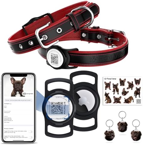 French Bulldog Leather Dog Collar with Holder for AirTag, Gift Set with 3 Brindle Frenchie QR Code Dog Tags (Dual Safety) & 2 Sticker Sheets,Personalized Frenchie Accessories, M