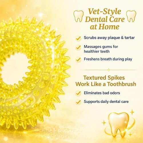 Squeaky Spiky Dog Ring Toy for Teeth Cleaning & Gum Massage 3.9 Inch Small Medium Dogs Yellow | Spiny TPR Rubber Chew Toy for Fetch Play Interactive Bouncy Dental Ring Durable BPA Free Nontoxic Floats