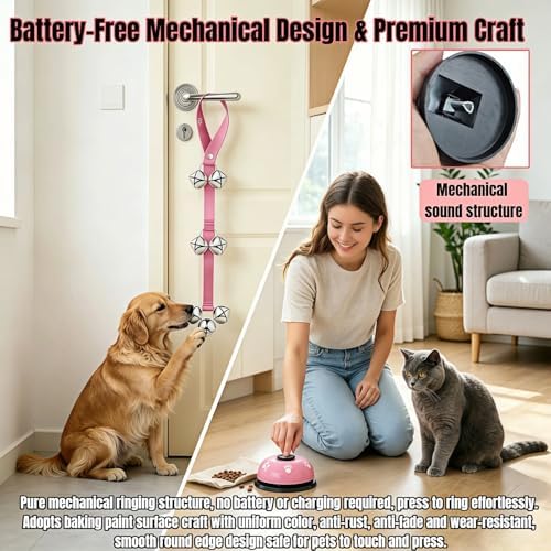 Dog Door Bell for Potty Training, 2-in-1 Set with Adjustable Hanging Bell(Includes 7 Stainless Steel Bells) and Metal Press Call Bell,Pink