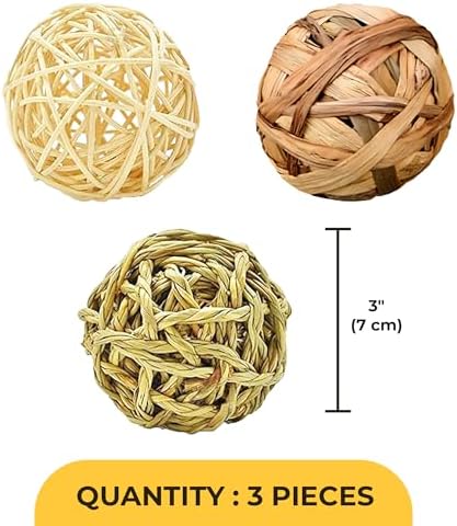 SunGrow 3 Pack Rabbit Chew Ball, Assorted Grass Teething Toy for Small Pocket Pet, Dental Wear Support, Boredom Relief Activity, Safe Woven Treat Enrichment for Bunny Guinea Pig Hamster Rat