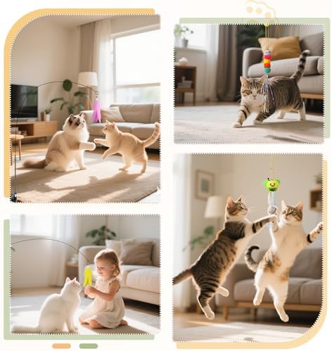 Cat Wand Toy, Interactive Kitten Feather Toys Self Play, Cat Teaser for Indoor Cats Reusable Suction Cup Toys for Indoor Cats Kittens Play Exercise