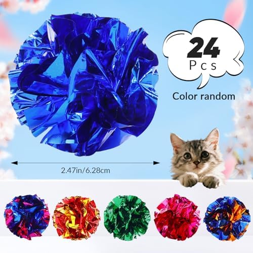 24Pcs Crinkle Cat Toy Balls, 2.47'' Interactive Crinkle Balls, Mylar Balls Cat Toy, Colorful Paper Ball Toys for Indoor Cats Kittens to Chew, Chase, Swat, Bite, Helps Kill Time and Keep Active