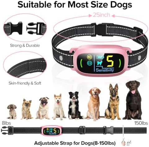 FAFAFROG Dog Bark Collar, Rechargeable Smart Collar, Anti Barking Training Collar with 5 Adjustable Sensitivity Beep Vibration, Bark Collar for Large Medium Small Dogs(Pink)