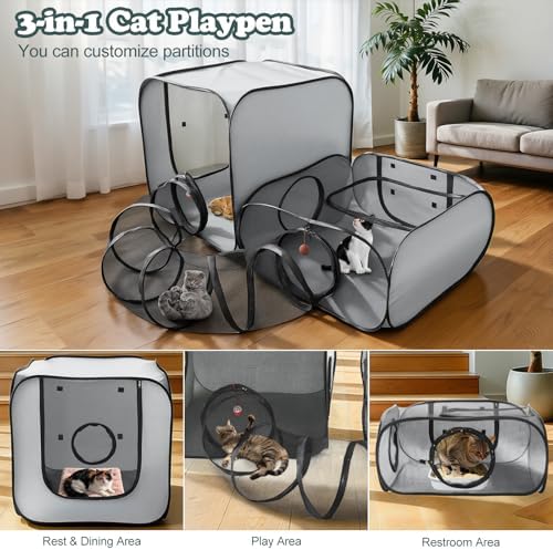 Cat Playpen, 3-in-1 Pop-up Outdoor Cat Enclosure, Gray