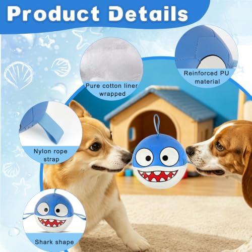Vivifying Dog Soccer Ball, 6 Inch Inflatable Shark Dog Toy with Nylon Grab Tabs, Reinforced PU Interactive Fetch and Tug Ball for Small Dogs, Blue and White