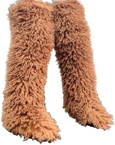 SWEETHEART BEAUTY Thigh High Shagy Teddy Fur Boots, 29 Inch Over the Knee Length Fluffy High Boots, Tall Furry Shoes For Women
