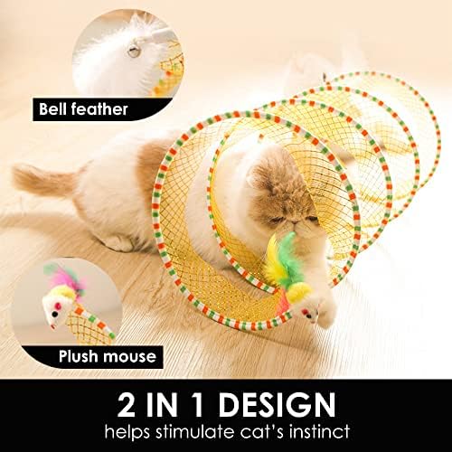 Spiral Tunnel Cat Toy, 25.59 Inches Unfolded with Cat Wand Self Play Collapsible, Hunting Spiral Tunnel with Feather Mouse Toys and Bell for Indoor Kitten Play Chase Exercise (Blue)