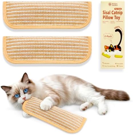 Sisal Catnip Pillow Toy Kickers, 2 Pack Interactive Catnip Toys with Organic 8000mg Herbal Blend for Indoor Scratching, Chewing & Teething, Fun for Kittens and Adult Cats