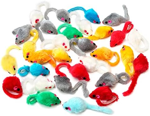 CHIWAVA 36PCS 4.1'' Furry Cat Toy Mice Rattle Small Mouse Interactive Play