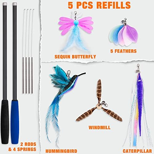 JXFUKAL 2025 Latest Cat Toys, 2 in 1 Spring Cat Wand Toy with 2PCS Ultra-Long Cat Teaser, 4PCS Spring Steel Wire & 5PCS Feather Refills for Kitty Kitten Indoor Cats Accessories