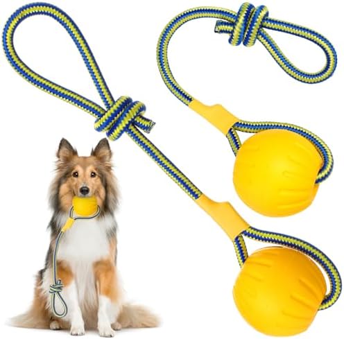 Hsei 2 Pcs 3.5" Dog Rope Toy Ball on Rope Fetch and Tug of War Toy for Dog