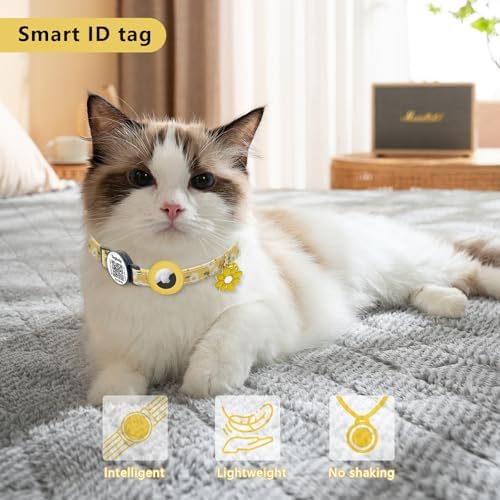 Smart QR Code Cat Collar with Online ID Profile & Integrated Airtag Holder, Breakaway Safety Collar with Bell, Adjustable 8-13in for Cats and Small Dogs(Yellow)