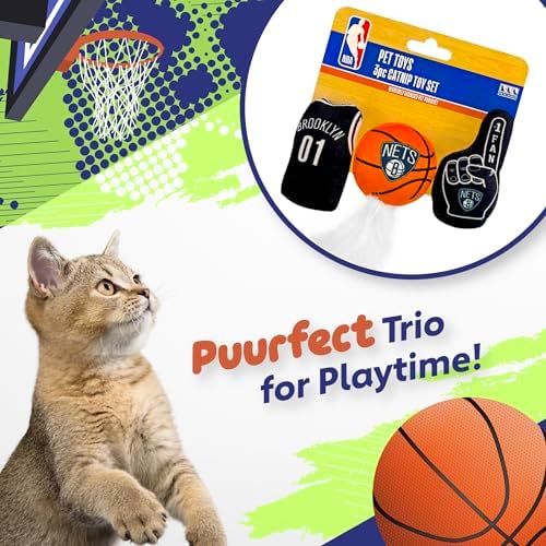 BEST PLUSH NBA BROOKLYN NETS Cat Toys - 3 Piece Set with Fresh Catnip: Jersey, Basketball with Feathers & #1 Fan. Beautiful Team Logo
