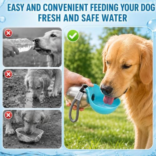 2 in 1 Portable Tumbler for Dogs, Portable Dog Water Ball, 10oz Stainless Steel Pet Water Dispenser with Silicone Foldable Bowl, Leak Proof, Portable Small Dog Water Bottle for Walking, Hiking(Pink)