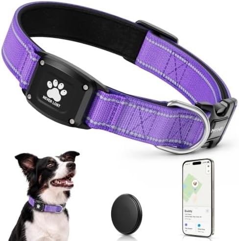 GPS Dog Collar with Tracker, Waterproof, No Monthly Fee, Purple, M | Works with Apple Find My, iOS Only, MFi Certified, No SIM Card, for Medium Dogs, Reflective Padded Nylon, Neck 14.5-19.5 in