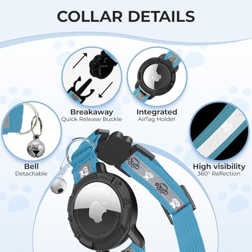 Breakaway AirTag Cat Collar, Reflective Cat Tracker Collar with Bell | Built in AirTag Holder, Adjustable 8.5-12in for Cats, Kittens and Puppies, Safety Elastic Band, Reflective for Night Walking