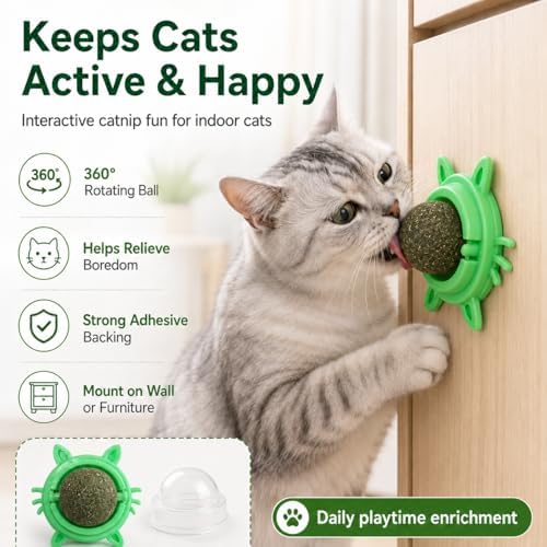 Catnip Lick Toy for Indoor Cats, Wall Mounted 360° Rotating Catnip Ball with Dust Cover, Strong Adhesive Natural Cat Mint Ball for Licking Chewing Dental Care, Boredom Relief Interactive Kitten Toy