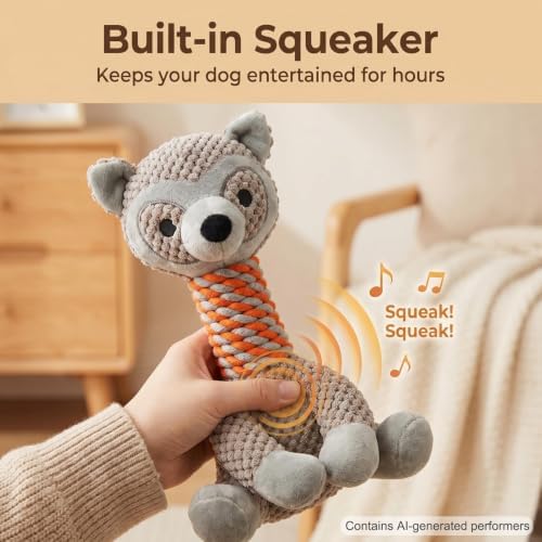 Indestructible Raccoon Plush Squeaky Dog Toy for Aggressive Chewers