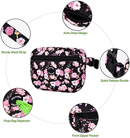 Petmolico Neoprene Dog Treat Pouch, Auto Closed Dog Training Pouch Fanny Pack Wasit Bag with Dog Poop Bag Dispenser for Hands-Free Dog Walking, Pink Peony