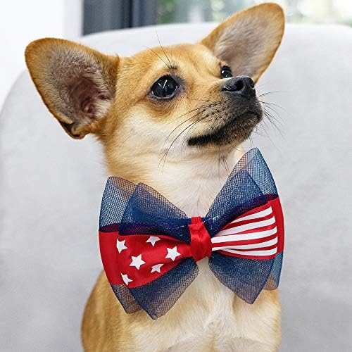 Blueberry Pet American Flag Accessory Set of Bow Collar Slide Hair Clip and Pedant for Dogs & Cats, USA Flag Bowtie and Disco Ball Tag