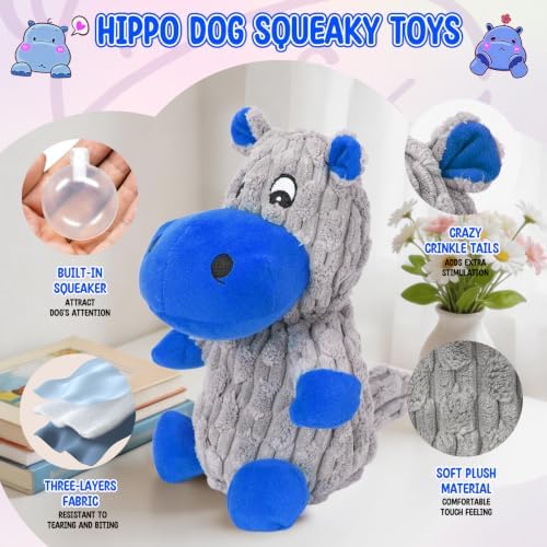 loncoldy Squeaky Dog Toys, Tough Stuffed Animals Hippo Chew Toy Blue