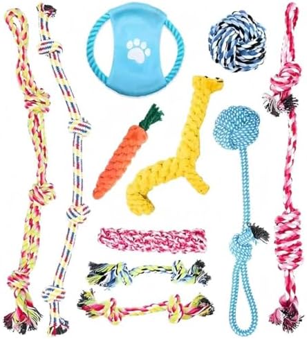 Dog Rope Toys Set, 11 Pack Puppy Chew Toys with Flying Disc, Cotton Rope Ball, Giraffe, Carrot, Knot Toys for Training, Playing, Interactive Pet Toys