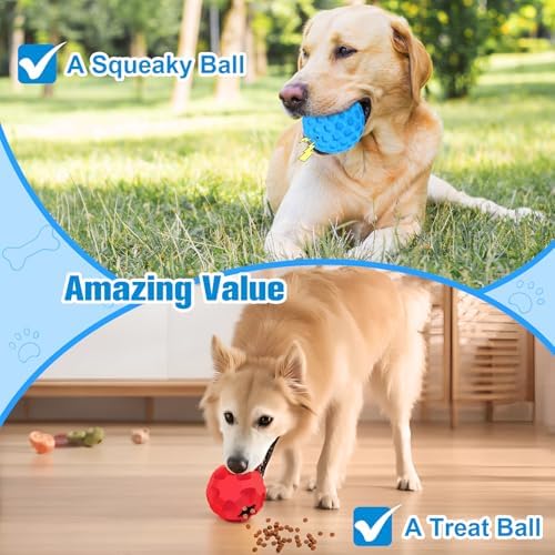 2 Pack Dog Toy Balls for Aggressive Chewers, Treat Ball and Squeaky Ball | Interactive Squeaky Dog Balls and Treat Dispensing Ball to Keep Them Busy, Chew Toys for Large Dogs, Enrichment Toy