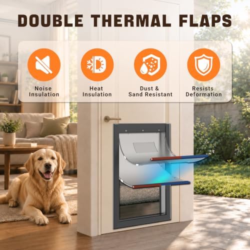 XL Dog Door for Exterior Doors, Heavy Duty Aluminum Doggy Door, Insulated Dual Flap for Extreme Weather, Lockable Doggie Door for Large & Extra Large Dogs up to 220 lbs