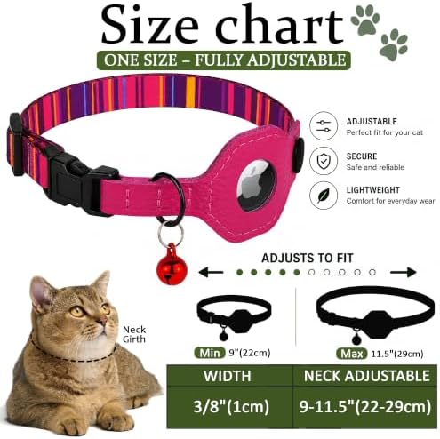 Breakaway Cat Collar with Leather AirTag Holder & Bell - Apple Air Tag Cat Collars for Girls & Boys, Lightweight Anti-Lost GPS Tracker Design, Printed Pattern - Safety and Adjustable (Striped)