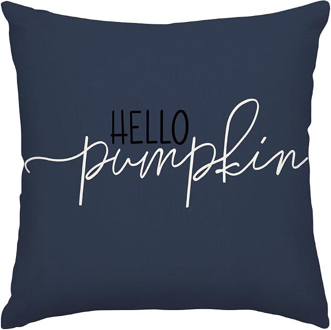 RABUSOFA Fall Pillow Covers 18x18 Inch Dark Blue Thanksgiving Autumn Hello Pumpkin Quote Harvest Outdoor Throw Cushion Cases Seasonal Fall Decorations for Home Couch