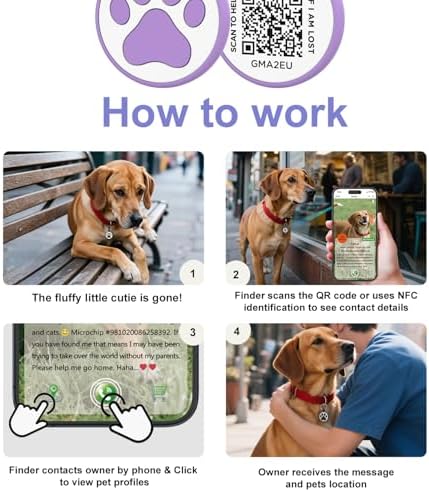 QR Code Cat Tag, Modifiable Online Profile, Multiple Emergency Contact, Silicone Cat Tag, Lightweight, Waterproof, No Jinging, Collar Accessories (Medium to Large Breeds - 1.25", Purple)