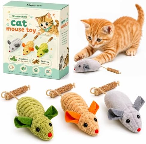 Cat Mouse Toy, 3-Piece Set of Catnip Mice, Interactive Cat Toy for Kittens