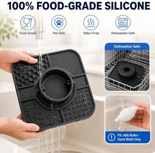 Dog Lick Bowl with Interactive Rolling Ball and Lick Mat, Leak-Proof One-Piece Slow Feeder for Liquid Thick Treats, Anti-Choking Oval Ball Calming Dog Enrichment Toy, Anxiety Relief
