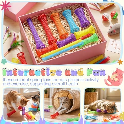 Leitee 60 Pcs Cat Spring Toys Kitten Tubes,Rainbow Colors