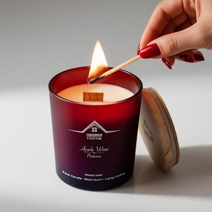 Exus Hand Crafted, Soy Wax, Wood Wick, Aromatic Candle. Non-Toxic (Apple Wine/Patience)