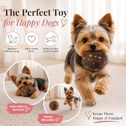 Dog Diggin Designs Chewy Vuiton Plush Squeaky Dog Toy Ball | Luxury-Inspired Parody Designer Ball with Squeaker, Soft Plush Fetch Dog Toy – Prêt-à-Porter Play!