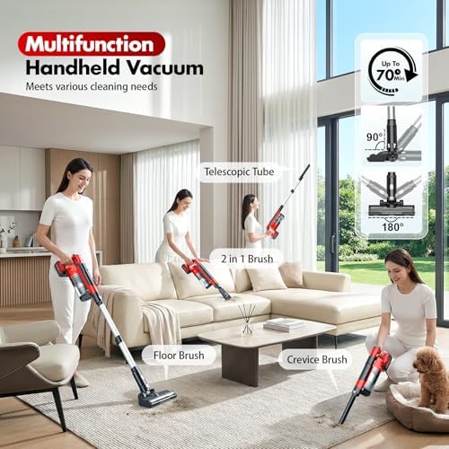Cordless Vacuum Cleaners for Home with 2*Battery 8000mAh, Brushless Rechargeable Stick Vacuum with 3 Mode, 6 In 1 Portable Handheld Cordless Vacuum for Pet Hair /Hardwood Floor/Dorm/Carpet (Red)