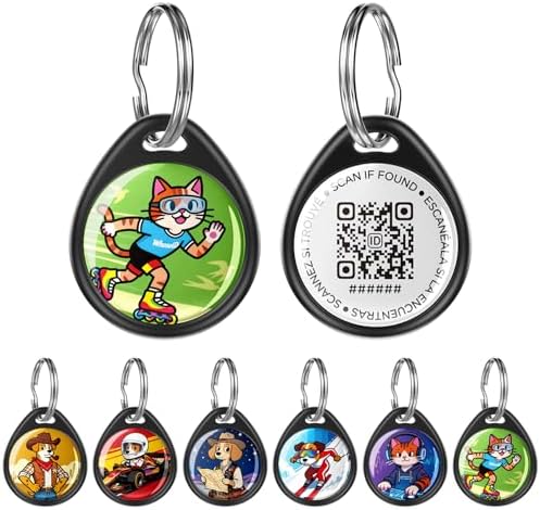 QR Code Dog Tag and Cat Tag, Scan to Reunite Faster, Waterproof and Durable, Lightweight and Quiet, Updatable Contact Info, with Eye-Catching Pet Character Design, Black-Skater Kitty
