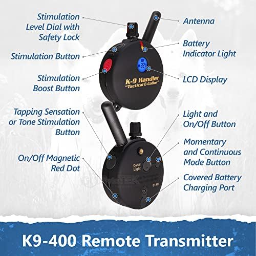 Educator K9-400 Tactical E Collar for Dog Training with Remote - 3/4 Mile Range, Waterproof, 100 Stimulation Levels, Tone or Vibration Mode, Night Light for Small, Medium & Large Dogs (33 inc)
