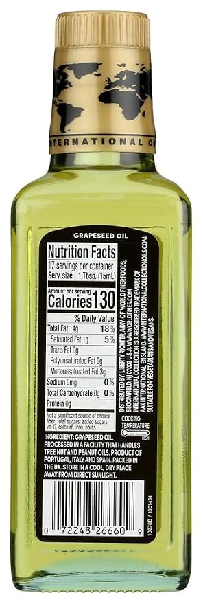 International Collection Grapeseed Oil, 8.45 fl oz (Pack of 1) | Expertly Sourced, Quality Oils | NonGMO Project Certified, No Artificial Flavors, Gluten Free, Vegan, Halal Approved