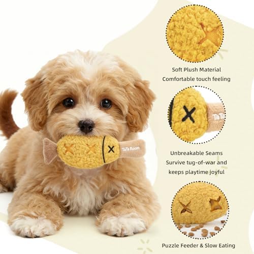 Grilled Fish Skewer Hide & Seek Plush Toy for Small Dogs & Puppies: Treat Dispensing Pocket, Squeaker and Crinkle Sounds, Tear-Resistant Chew for Aggressive Chewers