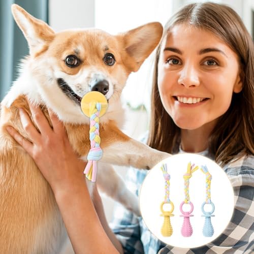 3Pcs Pet Molar Clean Teeth Rubber Toy, Dog Pacifier With Rope, Dog Chew Toys for Aggressive Chewers, Rubber Puppy Pacifier Chewing Playing Training Toys for Small Dogs & Adult Cat, 3 Cute Colors