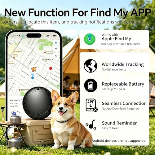 GPS Tracker for Dogs/Cats, Smart Collar with Real-Time Location - Pet Location Tracker with Holder, No Monthly Fee/No SIM Card, Works with iOS Find My, Ultra-Slim, IP68 Waterproof,Compact Design
